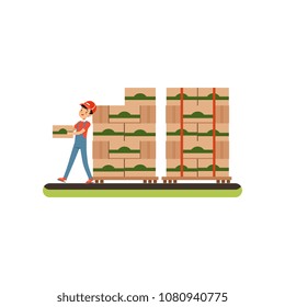 Warehouse worker carrying box, distribution and storage concept vector Illustration on a white background