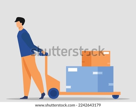 Warehouse worker carrying boxes with loaders in warehouse. Couriers wheeling carts for cargo pulling system with trolley pulling system hangar shelves. For delivery service, stockroom, storage concept