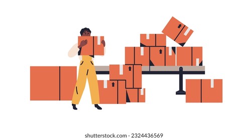 Warehouse worker carrying boxes, parcels. Storehouse carrier at work, holding cardboard. Employee during cargo shipment distribution. Flat graphic vector illustration isolated on white background