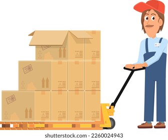 Warehouse worker carrying cardboard boxes on warehouse cargo cart