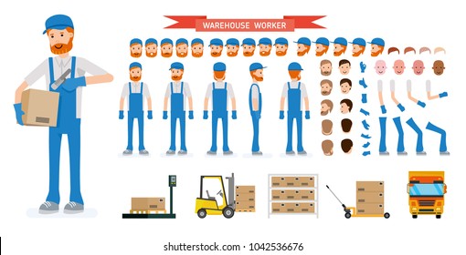 The warehouse worker. Character constructor for different poses. Character creation set. Full length, different views, emotion, gestures. Build your own design. Cartoon vector flat-style illustration