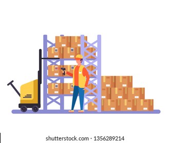 Warehouse worker character scanning barcode carton boxes. Vector design graphic flat cartoon isolated illustration