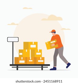 Warehouse worker check check inventories before shipping flat illustration