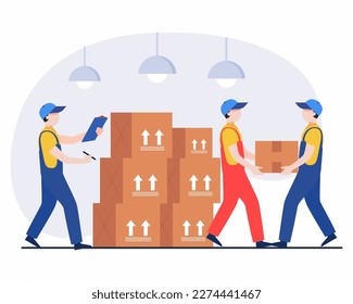 Warehouse worker checking boxes before sipping, Warehouse worker transporting carton boxes of parcels.