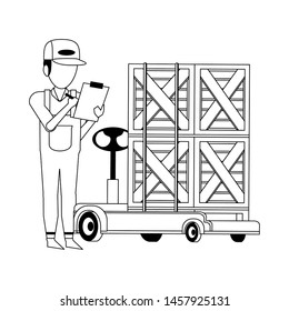 Warehouse worker checking boxes on clipboard vector illustration