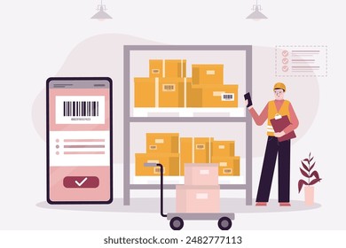 Warehouse worker checking boxes on storage. Manager scanning barcodes, mobile phone with app for counting and data checking, inventories. Work of packaging department for preparation of shipments.