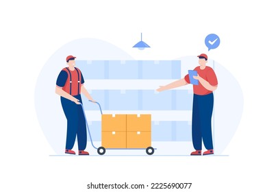 Warehouse worker checking cardboard boxes preparing goods for dispatch. Vector illustration