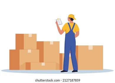 Warehouse worker checking goods in boxes. Stock taking job. Modern flat style vector illustration isolated on white background