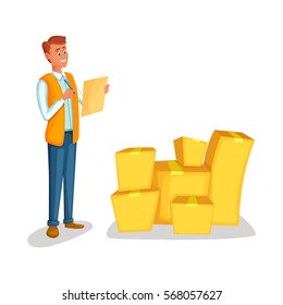 Warehouse worker checking goods. Concept courier character deliver boxes. Cartoon style vector illustration isolated on white background. Delivery man with the tablet counts the cargo