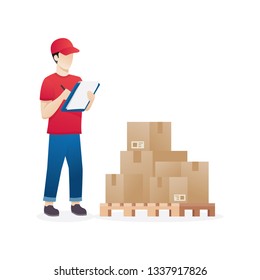 Warehouse Worker Checking Goods On Pallet Stock. Warehouse Inventory And Delivery Workers. Checking Stock Inventory Modern Flat Style Vector Illustration. Man Operator Maintains Holding Clipboard