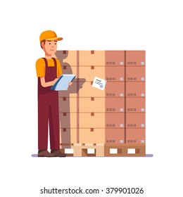 Warehouse Worker Checking Goods On Pallet. Stock Taking Job. Modern Flat Style Vector Illustration Isolated On White Background.