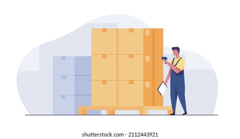 Warehouse worker checking goods pallet on a robot with barcode scanner.