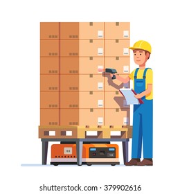 Warehouse worker checking goods pallet on a robot with barcode scanner. Stock taking job. Modern flat style vector illustration isolated on white background.