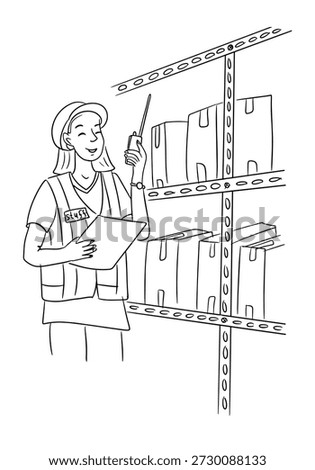 Warehouse worker checking inventory on metal shelf using clipboard and walkie talkie in storage area. Concept of logistics control, inventory management and warehouse workflow