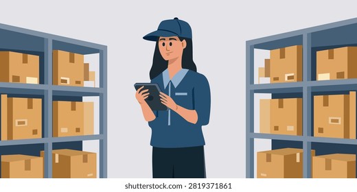 Warehouse Worker Checking Inventory with Tablet Illustration. Logistics Worker Managing Warehouse Stock. Warehouse Staff Scanning Inventory.