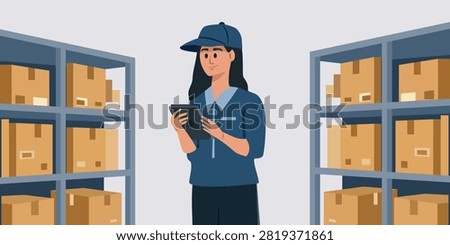 Warehouse Worker Checking Inventory with Tablet Illustration. Logistics Worker Managing Warehouse Stock. Warehouse Staff Scanning Inventory.