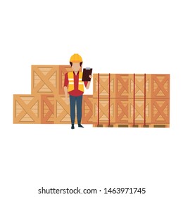 Warehouse worker checking merchandise on clipboard document vector illustration