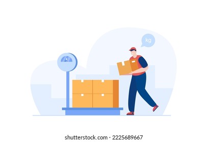 Warehouse worker checking weight of delivery. Vector illustration