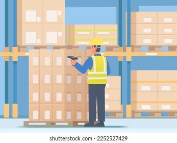 Warehouse worker checks the goods by scanning them with a barcode scanner. Warehouse Logistics. Vector illustration in flat style