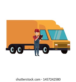 Warehouse worker with clipboard and cargo truck vector illustration