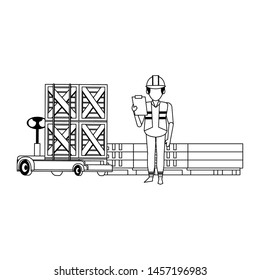 Warehouse worker with clipboard checking merchandise vector illustration