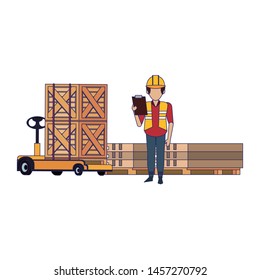 Warehouse worker with clipboard checking merchandise vector illustration