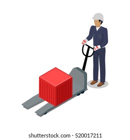 Warehouse worker with container on electric forklift. Dock worker with trolley. Loader isolated on white. Man with hand truck. Loading and unloading cargo goods. Industrial shipping concept. Vector