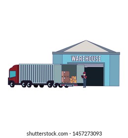 Warehouse worker dispatching cargo truck with boxes vector illustration