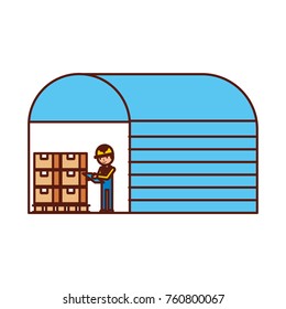 the warehouse worker of the display rack with boxes