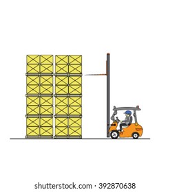 warehouse worker driver in uniform stacking cardboxes by forklift stacker loader