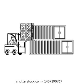 Warehouse worker driving forklift with boxes passing by containers vector illustration