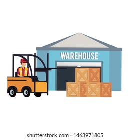 Warehouse worker driving forklift and boxes outside building vector illustration