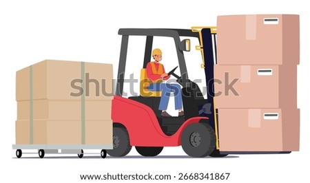 Warehouse worker driving forklift delivering cardboard boxes and transporting stacked cargo containers isolated on white background. Storehouse operations and logistics work vector illustration
