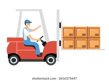 Warehouse worker. Factory employees. Forklift illustration. Cardboard. Lift truck illustration. Operator logistic. Industrial labor. Shorting. Shipping. Warehouse.