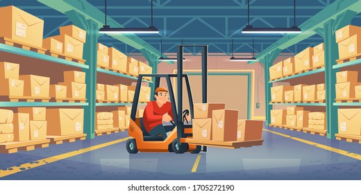 Warehouse with worker, forklift and cardboard boxes on metal racks. Vector cartoon interior of storage room with goods on shelves, lift truck with driver. Storehouse in store, factory, market