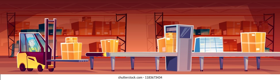 Warehouse Worker In Forklift Loader Put Parcels On Conveyor Belt Vector Illustration. Cartoon Post Mail Storehouse Logistics, Man In Truck Loading Carton Boxes Form Shelves