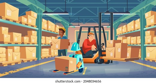 Warehouse with worker in forklift, man and robot holding cardboard boxes. Vector cartoon illustration of storage room interior with goods on metal racks, lift truck with driver and autonomous robot