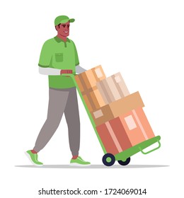 Warehouse worker with handtruck semi flat RGB color vector illustration. Storehouse employee with boxes on cart. Male african courier in green uniform isolated cartoon character on white background