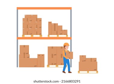 Warehouse worker in helmet carrying cardboard box, flat vector illustration isolated on white background. Man lifting package and stacking it on wooden pallet. Shelf with cargo boxes in storehouse.