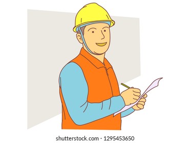 Warehouse worker in helmet and working uniform writing list