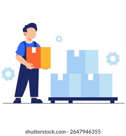 A warehouse worker holding a box among organized parcels, highlighting efficiency, teamwork, and modern industrial operations in logistics and storage.