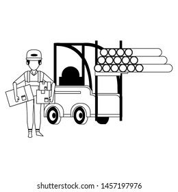 Warehouse worker holding boxes and forklift with pvc pipes vector illustration