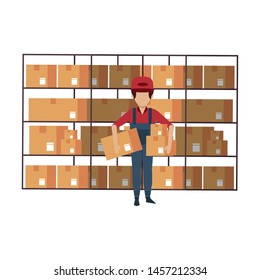 Warehouse worker holding boxes over shelf vector illustration