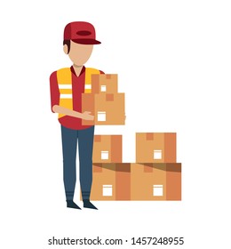 Warehouse worker holding delivery boxes vector illustration