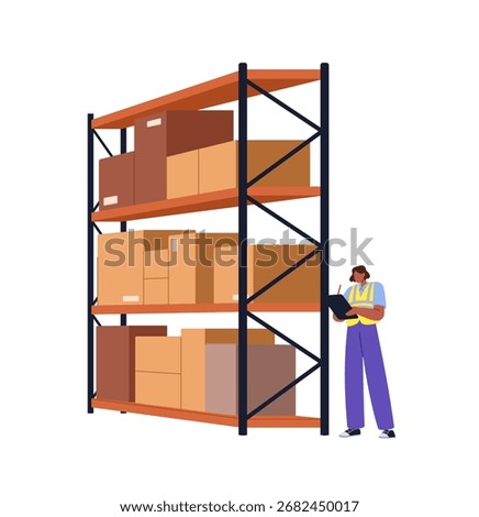 Warehouse worker keeps records of goods, boxes on rack shelves for delivery. Woman in reflective vest takes notes, maintains logistic storage. Flat isolated vector illustration on white background