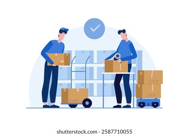 A warehouse worker labels and packages boxes for shipment using a barcode system to ensure logistics accuracy. The illustration represents modern inventory management.