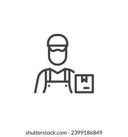 Warehouse worker line icon. linear style sign for mobile concept and web design. Man and delivery box outline vector icon. Symbol, logo illustration. Vector graphics