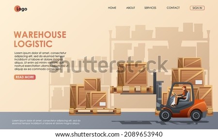 Warehouse worker in loader. Man in forklift loads wooden boxes indoor storage, storehouse. Cargo logistics. Full shelves, racks on background. Goods storing, shipment service. Vector illustration