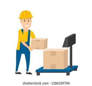 warehouse worker loader put cardboard box on electric scales