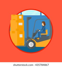 Warehouse worker loading cardboard boxes. Forklift driver at work in storehouse. Warehouse worker driving forklift at warehouse. Vector flat design illustration in the circle isolated on background.